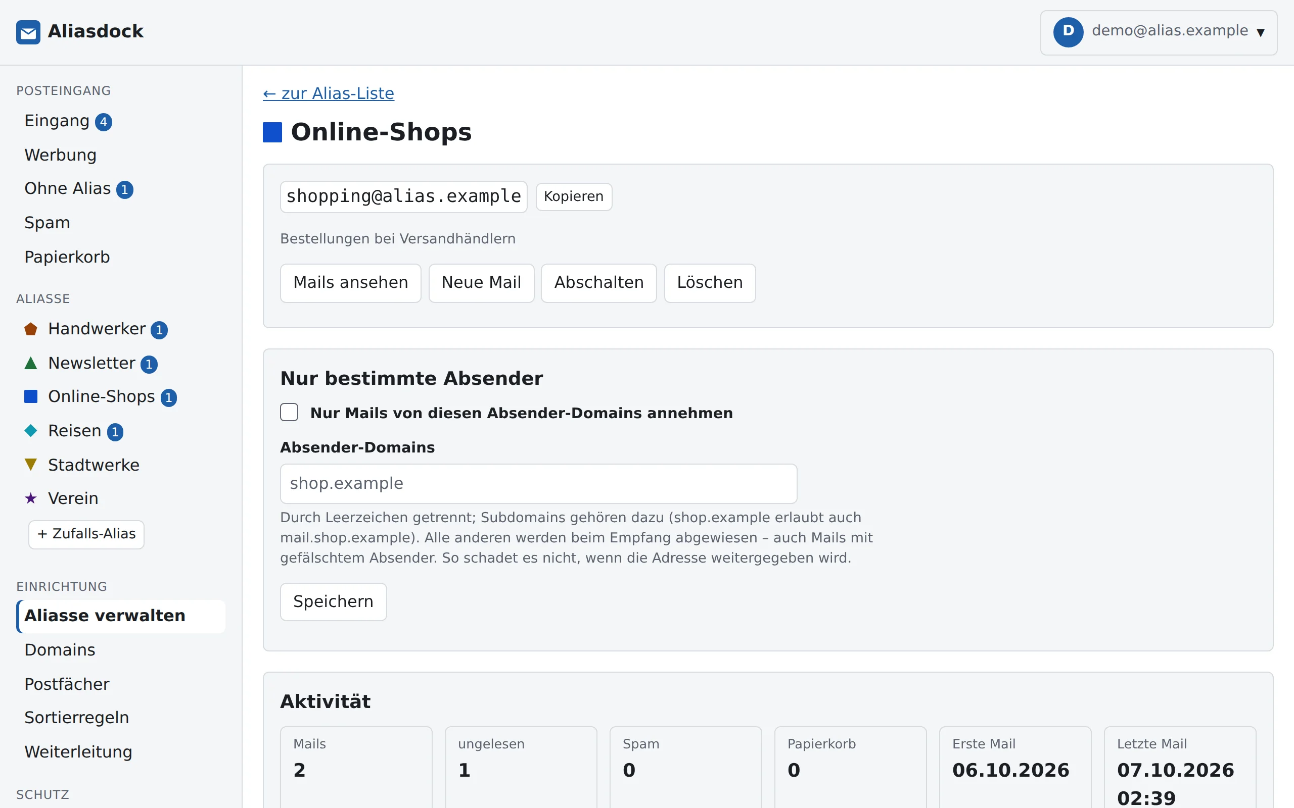Die Seite des Alias „Online-Shops“ mit Adresse, der Einstellung „Nur bestimmte Absender“ und der Aktivität.