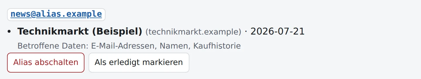 Ein Fund: news@alias.example ist im Datenleck „Technikmarkt“ aufgetaucht, mit den Knöpfen „Alias abschalten“ und „Als erledigt markieren“.