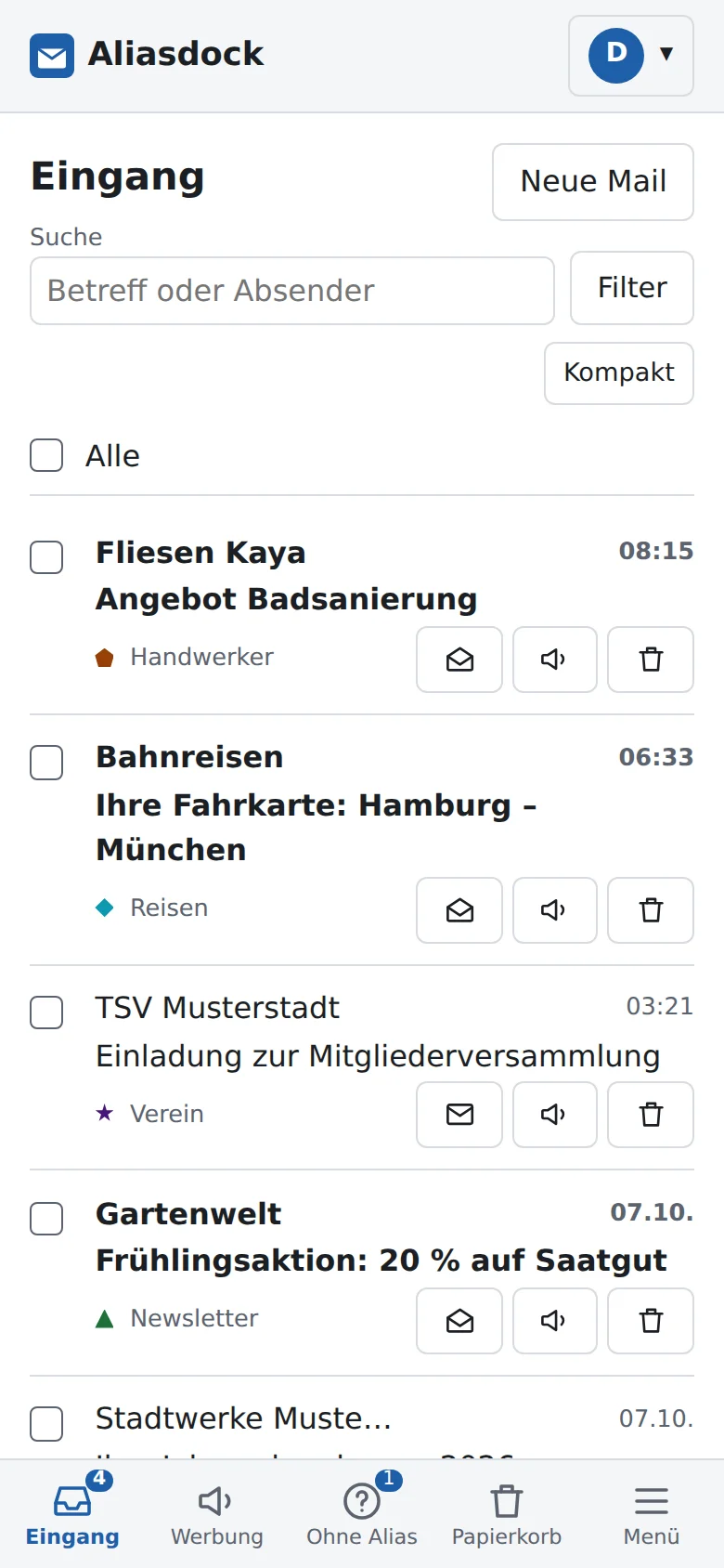 Derselbe Eingang auf dem Handy, mit Leiste für Eingang, Werbung und Papierkorb.