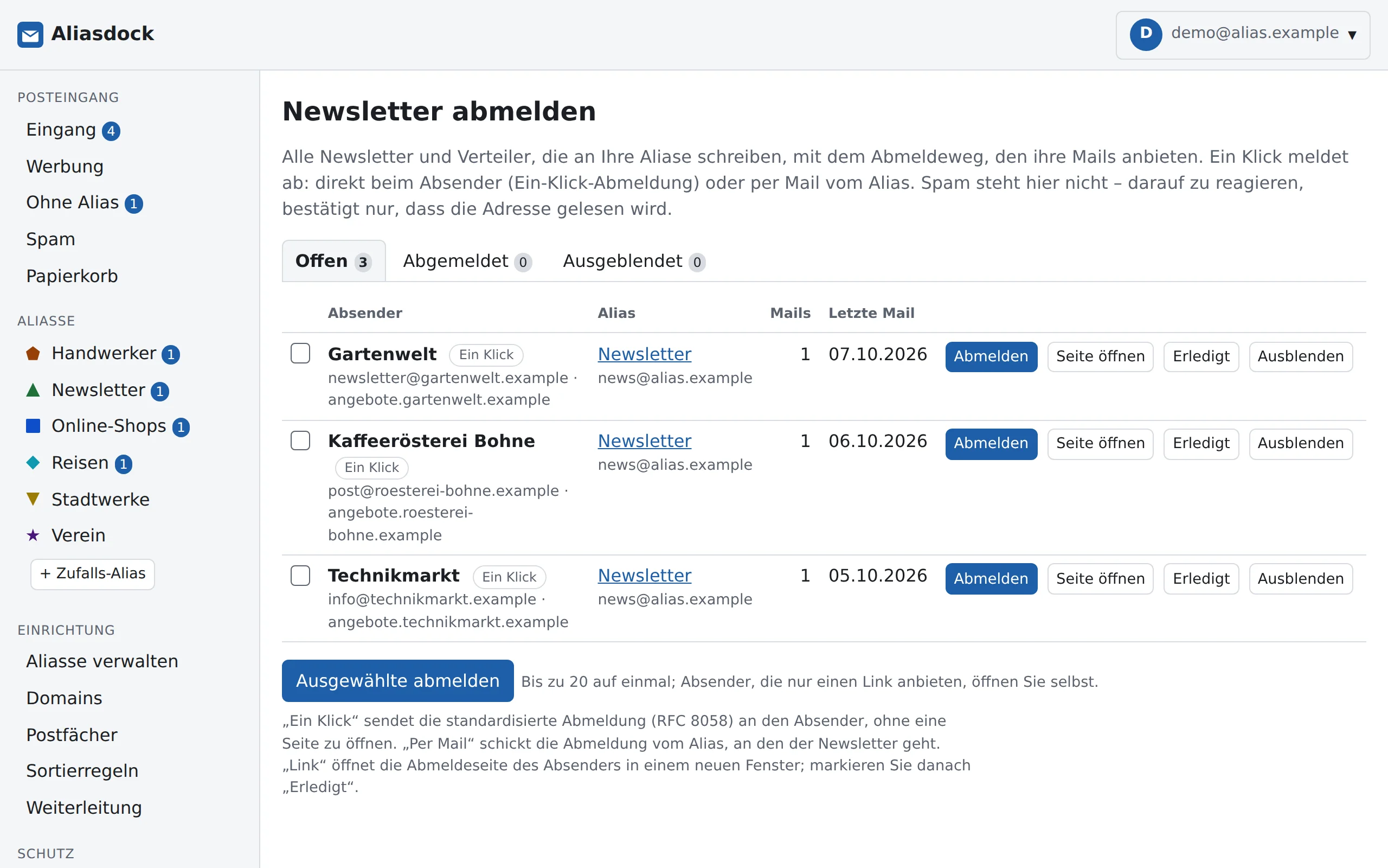 Die Übersicht „Newsletter abmelden“ mit Gartenwelt, Kaffeerösterei Bohne und Technikmarkt, jeweils mit Knopf „Abmelden“.